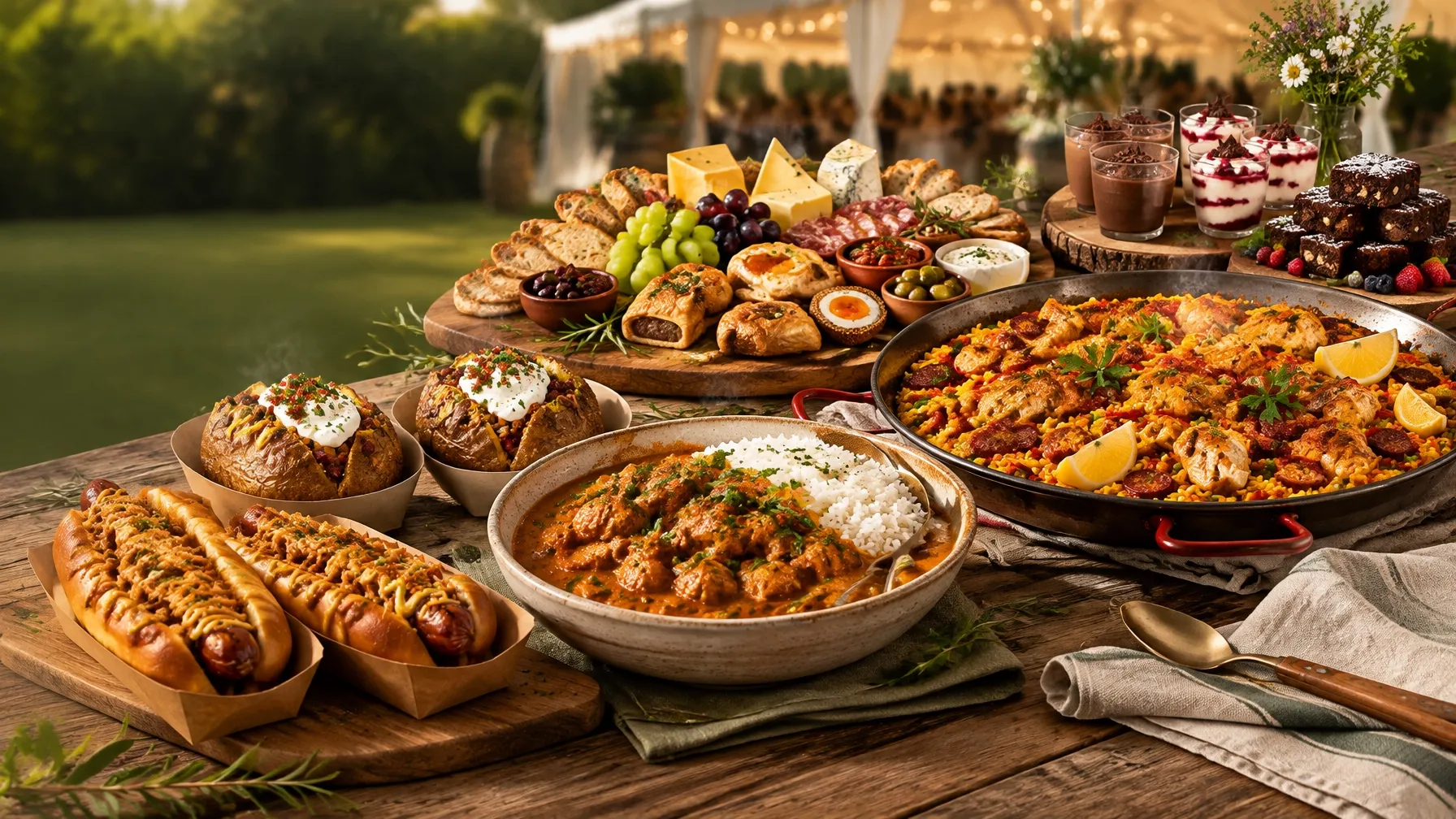 A generous catering spread featuring hot dogs, jacket potatoes, curry, chicken paella, desserts and grazing food
