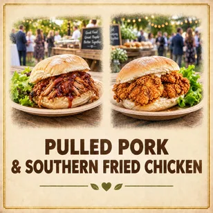 Pulled pork and Southern fried chicken burgers from the catering brochure